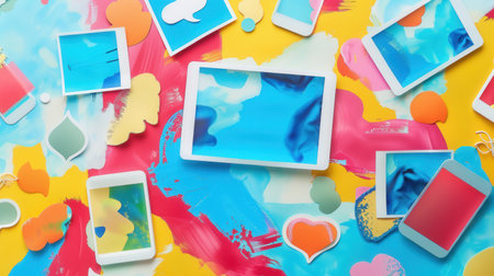 An image showing a colorful and creative design of various social media ads and announcements on a white background.の素材