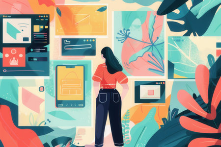 A woman stands facing a wall displaying various digital marketing campaign examples, showcasing creative designs and engaging content.の素材