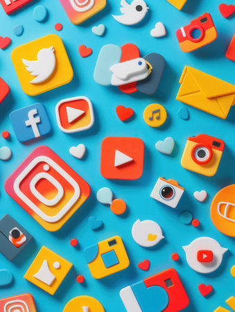 A close-up view of colorful social media icons on a bright blue background. The icons represent popular platforms like Facebook, Instagram, YouTube, Twitter, and more.の素材