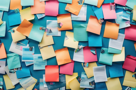 Close-up image of numerous colorful sticky notes stuck to a blue wall, suggesting a brainstorming session for marketing campaigns.の素材