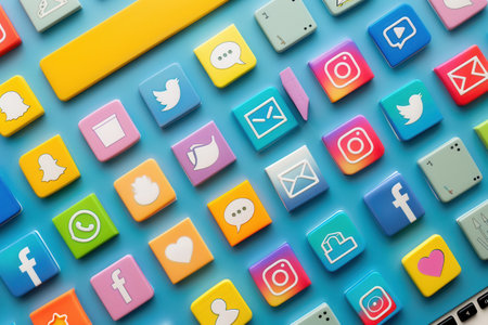 A background image featuring a variety of colorful social media icons arranged on a blue surface, perfect for advertising agencies and marketers.の素材
