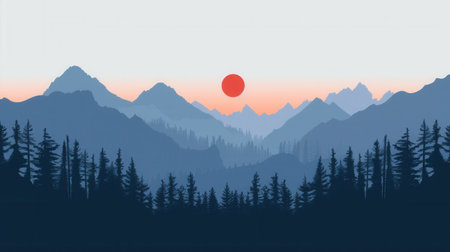 A peaceful mountain landscape at dawn, with the first rays of sunlight illuminating the peaks. The sky features soft pastel hues, creating a tranquil and inspiring scene.の素材