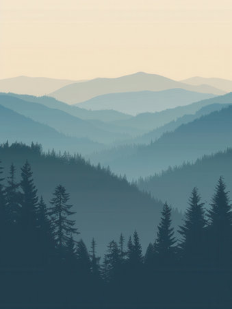 A scenic view of a mountain landscape at dawn, with the peaks illuminated by the first rays of the sun. The sky features soft pastel hues, creating a tranquil and inspiring scene.の素材