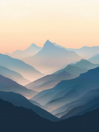 A panoramic view of mountain peaks bathed in the soft, pastel hues of dawn.の素材