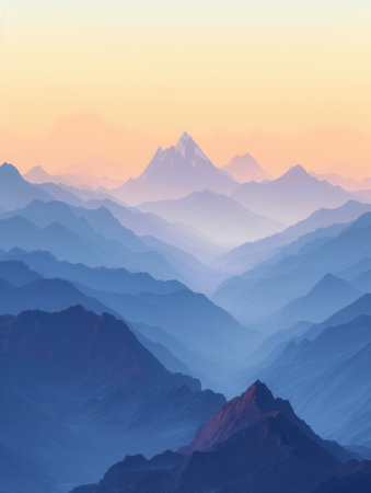 The mountain range at sunrise offers a breathtaking view with peaks glowing in the morning light against a pastel sky, creating a serene atmosphere.の素材