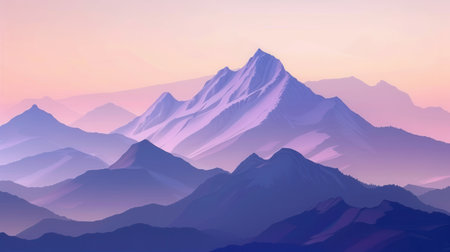 A breathtaking view of mountain peaks bathed in the soft, pastel hues of dawn.の素材