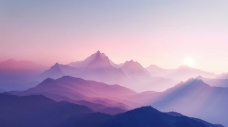 A breathtaking view of a mountain range at dawn, with the first rays of sunlight illuminating the peaks and creating a serene and inspiring scene.の素材