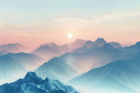 A serene image of a mountain range at dawn, with the sun illuminating the peaks. Soft pastel hues paint the sky, creating a tranquil and inspirational scene.の素材