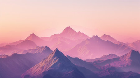 A breathtaking view of a mountain range at dawn, with the peaks bathed in the soft, pastel hues of the rising sun.の素材