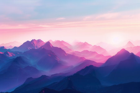 A panoramic view of mountain peaks illuminated by the first rays of the sun, creating a tranquil and inspiring scene with soft pastel hues in the sky.の素材