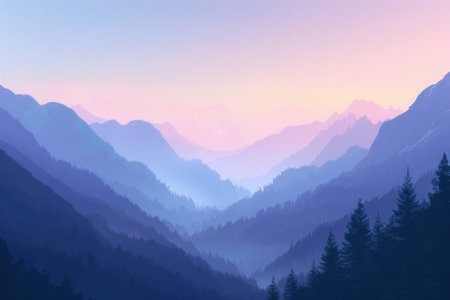 A breathtaking view of a mountain range at dawn, illuminated by soft pastel hues in the sky.の素材