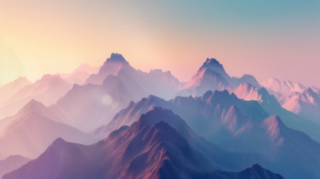 A stunning sunrise over the mountain range paints pastel colors across the sky, casting a tranquil and inspirational atmosphere.の素材