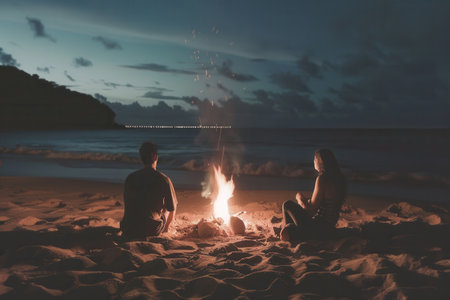 A couple sits by a glowing bonfire on a dark, sandy beach. The flames dance against the night sky, casting a warm glow on the couple.の素材