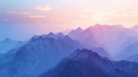 A serene mountain landscape at dawn, with the first rays of sunlight illuminating the peaks, casting a soft pastel glow across the sky.の素材