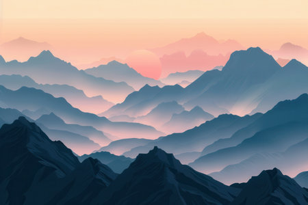 Tranquil mountain landscape at dawn, with peaks illuminated by the first rays of sun, casting soft pastel hues across the sky.の素材