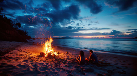 A couple sits by a crackling bonfire on a sandy beach, gazing out at the ocean under a starlit sky.の素材