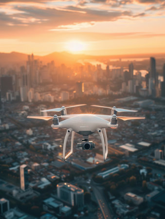A drone captures stunning aerial footage of a city skyline at sunset.の素材