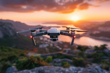 A drone with a camera flies over a coastal landscape during golden hour.の素材