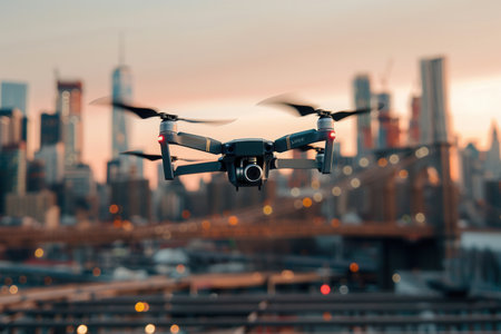 A modern drone flies through the sky above a city skyline, showing its capabilities for capturing stunning aerial photos and videos.の素材