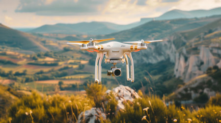 A drone hovers over a stunning landscape of rolling green hills and distant mountains.の素材