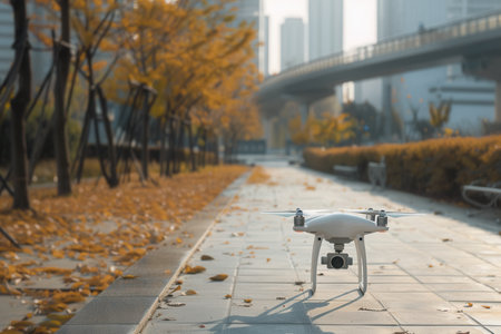 A white drone sits on a paved path in a city park, surrounded by fallen leaves, showing its capability to capture stunning aerial photography.の素材