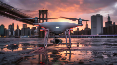 Drone on wet surface, cityscape with bridge in background. Pink & orange sky = ideal time for aerial photography.の素材