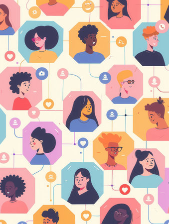 A vibrant illustration showing a network of diverse influencers and their followers, connected through social media platforms.の素材