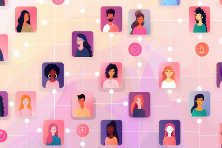 A vibrant illustration of a social media network showing diverse influencers connected to their followers.の素材