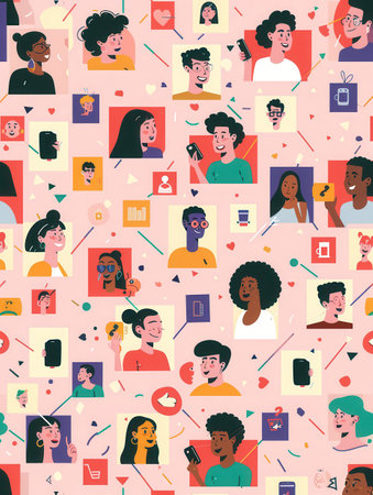 A vibrant illustration depicting a network of influencers and their followers, symbolizing the connected world of social media.の素材
