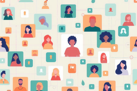 A graphic design featuring various profiles connected by lines, representing a network of influencers and their followers.の素材