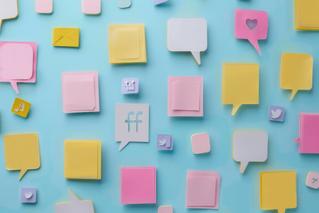 A flat lay image of colorful speech bubbles with social media icons on a blue background, representing social media trends and conversations.の素材
