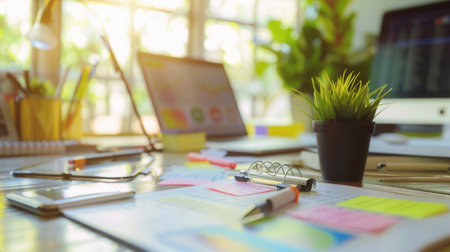 Modern home office with laptop, plant, supplies. Abstract lines show data flow, symbolizing connectivity for a visually appealing workspace.の素材