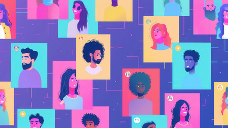 An illustration of various social media influencers connected through a vibrant digital network. Ideal for marketing and influencer agencies.の素材