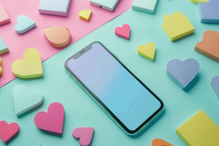 A modern smartphone with a blank screen lies on a pastel blue and pink background, surrounded by colorful hearts and shapes.の素材