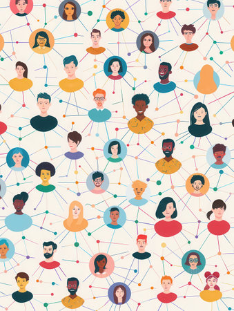 An illustration depicting a diverse network of influencers and their followers, demonstrating the power of social media for connecting brands and audiences.の素材