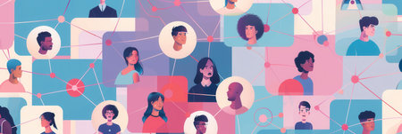 An illustration depicting a network of diverse influencers and their followers, showing the interconnectedness of the digital world.の素材