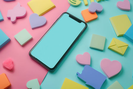 A smartphone lies on a pink and blue background, surrounded by colorful icons representing popular social media trends and hashtags.の素材