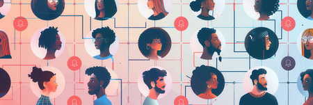 Illustration of a digital network of diverse influencers and their followers connected online, representing modern trends in social media marketing and influencer agencies.の素材