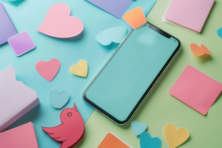 A smartphone with a blank screen lies on a colorful background of sticky notes, showing popular social media trends.の素材