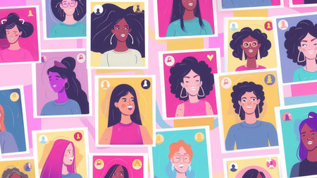 An illustration of a colorful social media background featuring profiles of influencers and followers, representing a trendy and connected community.の素材