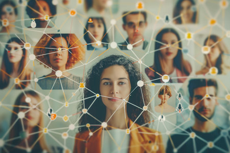 A diverse group of influencers and their followers are connected through a digital network, representing the power and reach of social media today.の素材