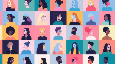 An illustration featuring colorful profiles of diverse digital influencers connected in a network, highlighting the growing reach and impact of social media.の素材