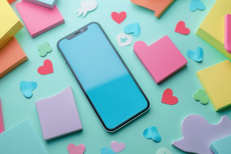 A modern smartphone lays flat on a desk with colorful paper notes, hearts, and icons. The smartphone screen is blank and ready to be filled with social media content.の素材