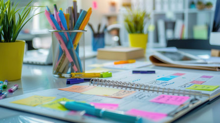 A close-up shot of a notebook with colorful post-it notes, pens, and other office supplies scattered on a desk.の素材