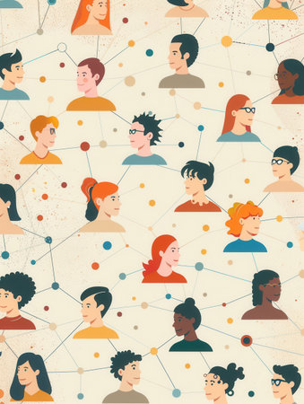 An illustration depicting numerous profiles connected by lines and dots, representing a social network or community.の素材