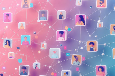A digital illustration depicting a network of connected profiles, representing influencers and their followers on a trendy and modern social media platform.の素材