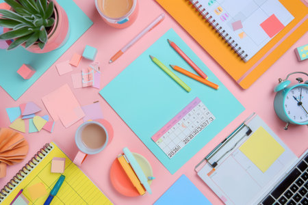 A flat lay image showing various office supplies, including notepads, pens, pencils, sticky notes, and a calendar, all arranged on a pink desk.の素材