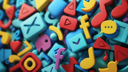 A close-up image of various social media icons, rendered in 3D and arranged in a chaotic pattern, representing the fast-paced, ever-evolving nature of online communication.の素材