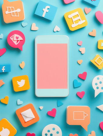 A smartphone sits surrounded by colorful social media icons on a blue background. This image represents the current social media landscape and the constant stream of information.の素材