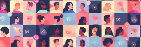 A vibrant grid featuring profile pictures of diverse individuals with various social media icons, representing the interconnected world of influencers and their followers.の素材
